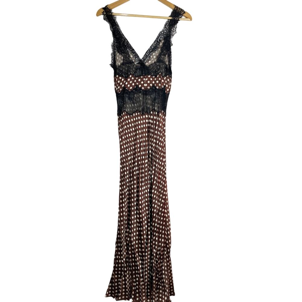 Ronny Kobo Holiday Dress Sleeveless V-Neck Lace Trim Midi Brown Polka Dot Medium - Picture 4 of 9